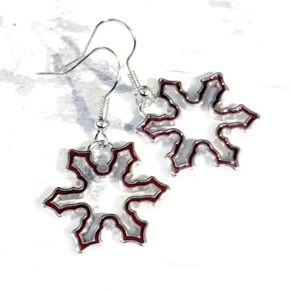 Silver Red Enameled Snowflake Drops Winter Christmas Holidays Earrings - Picture 1 of 5